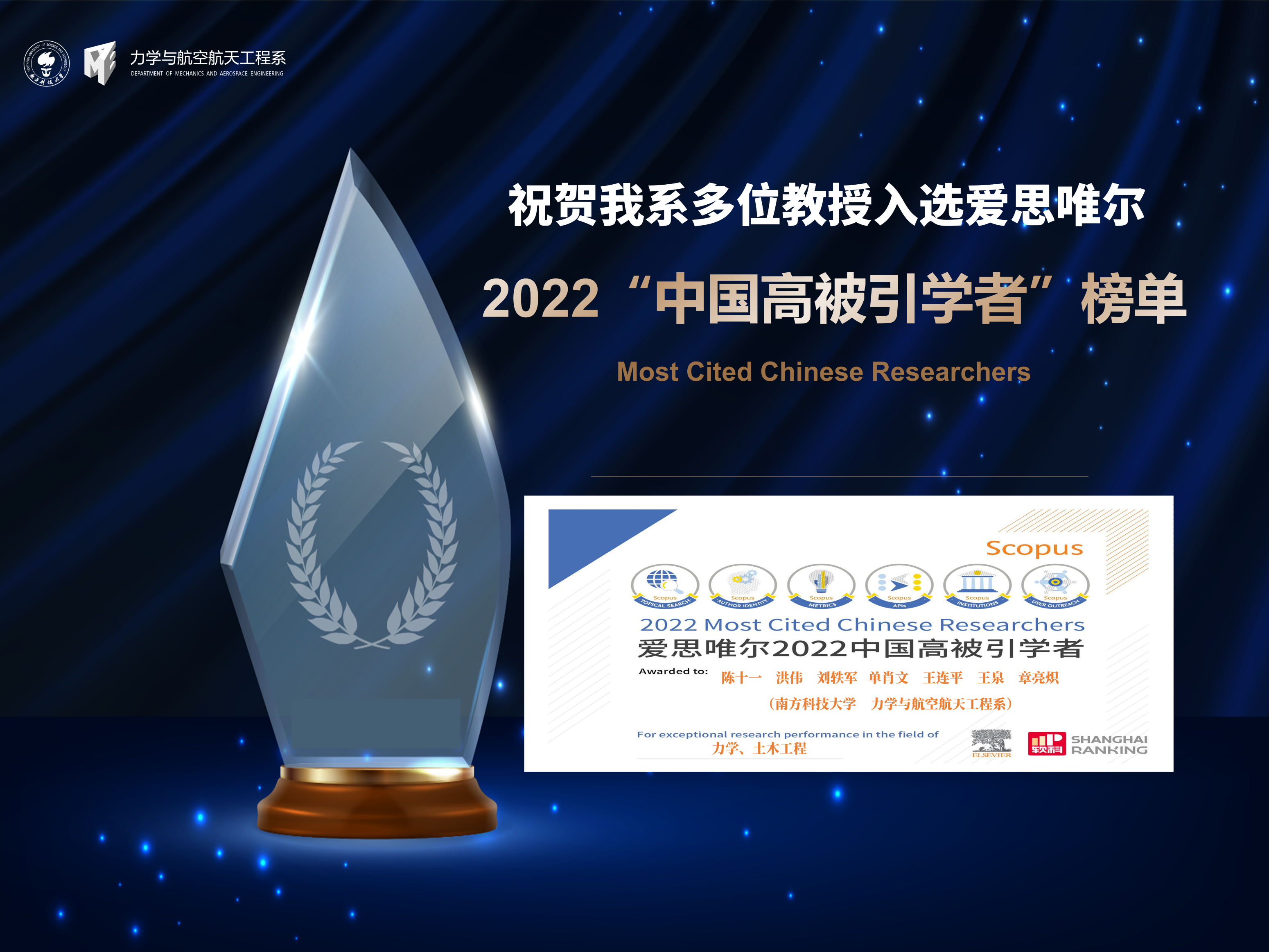 南科大力航系多位教授入选爱思唯尔“中国高被引学者”2022年度榜单
